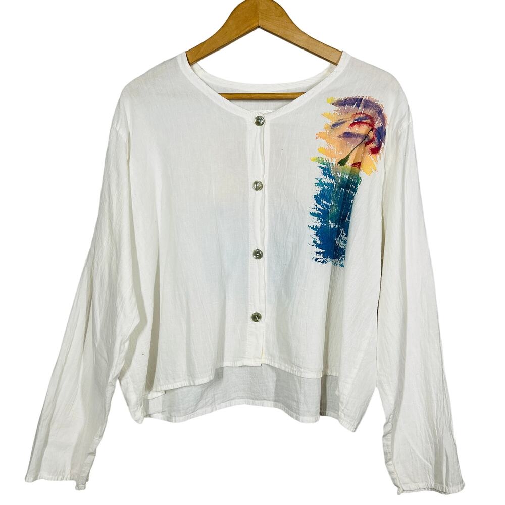 Vintage Sloop Jones Hand Painted Button Up Shirt Resort Linen White LS Waist- M